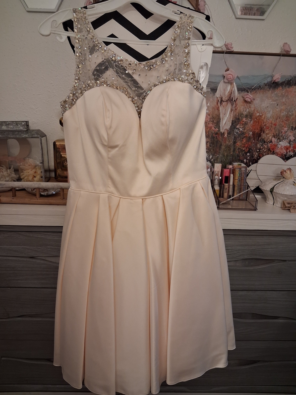 NWT SHERRI HILL Ivory BeadeEmbellished Illusion Yoke Fit & Flare Dress in Cream